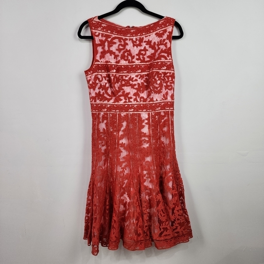 Tadashi Shoji  Red Orange Coral Lace Pleated Fit and Flare Mini Dress, Size 8